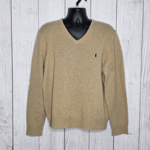 Polo by Ralph Lauren Other - Polo Ralph Lauren Mens XL Lambswool Sweater Camel Tan V Neck Pony Preppy